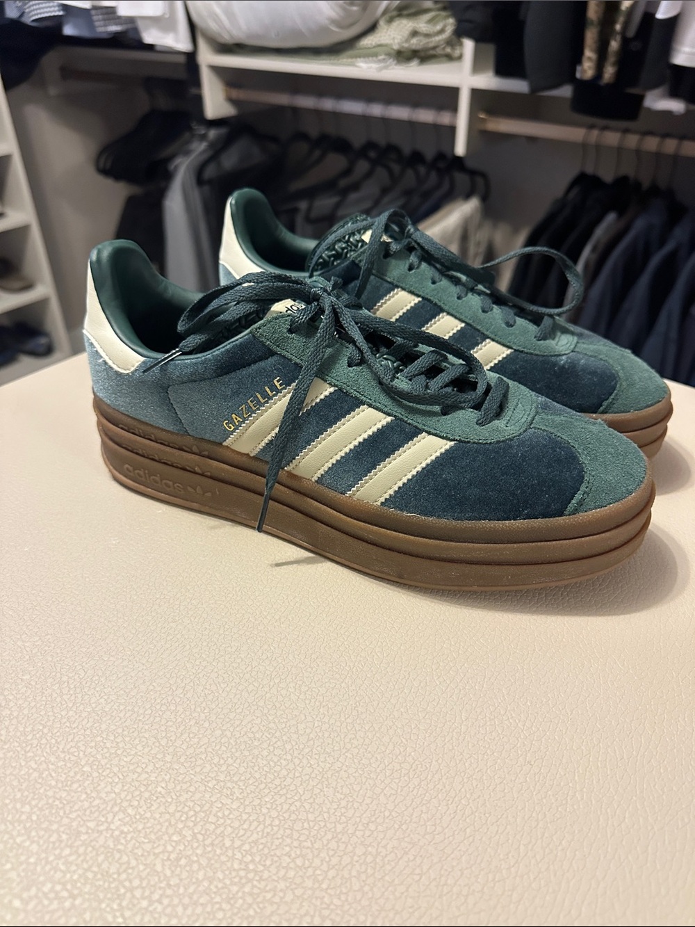 adidas Gazelle Platform Sneakers in Teal & Cream with Gum Sole